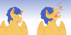 Size: 1350x675 | Tagged: safe, artist:daotterguy, derpibooru import, flash sentry, bird, seagull, behaving like a bird, goofy, gradient background, male, solo, squawk, stallion, tongue, tongue out, wings