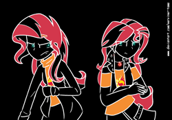 Size: 1336x935 | Tagged: safe, artist:winter-scarf, derpibooru import, sunset shimmer, equestria girls, black background, duality, duo, female, human sunset, simple background