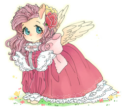 Size: 695x618 | Tagged: safe, artist:pasikon, derpibooru import, fluttershy, pegasus, pony, bow, braid, clothes, cute, dress, female, flower, flower in hair, frilly dress, lolita fashion, looking at you, mare, pixiv, shyabetes, solo