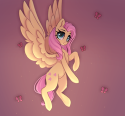 Size: 1280x1188 | Tagged: safe, artist:_alixxie_, derpibooru import, fluttershy, butterfly, pegasus, pony, chest fluff, cute, female, gradient background, looking at you, mare, raised hoof, raised leg, shyabetes, smiling, smiling at you, solo, spread wings, three quarter view, wings