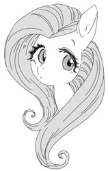 Size: 408x644 | Tagged: safe, artist:pasikon, derpibooru import, fluttershy, pony, bust, female, mare, monochrome, pixiv, portrait, simple background, solo, white background