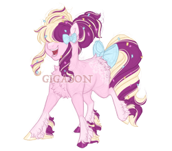 Size: 3200x2800 | Tagged: safe, artist:gigason, derpibooru import, oc, oc:sundae sprinkle surprise, pony, bow, female, hair over one eye, magical lesbian spawn, mare, obtrusive watermark, offspring, parent:pinkie pie, parent:songbird serenade, simple background, solo, tail, tail bow, transparent background, watermark