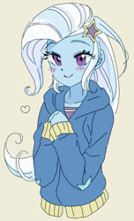 Size: 424x697 | Tagged: safe, artist:pasikon, derpibooru import, trixie, equestria girls, blushing, cute, diatrixes, female, heart, pixiv, simple background, solo