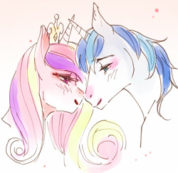 Size: 560x547 | Tagged: safe, artist:pasikon, derpibooru import, princess cadance, shining armor, pony, boop, bust, female, lidded eyes, male, mare, noseboop, pixiv, portrait, profile, shiningcadance, shipping, stallion, straight