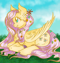 Size: 1280x1352 | Tagged: safe, artist:pinkcorgo, derpibooru import, fluttershy, pegasus, pony, chest fluff, colored hooves, female, flower, flower in hair, folded wings, grass, looking away, lying down, mare, open mouth, open smile, outdoors, profile, prone, smiling, solo, unshorn fetlocks, wings