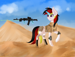 Size: 4000x3000 | Tagged: safe, artist:stravy_vox, derpibooru import, oc, oc only, pony, unicorn, desert, female, glowing, glowing horn, gun, horn, magic, rifle, telekinesis, unicorn oc, weapon