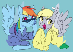 Size: 655x463 | Tagged: safe, artist:pasikon, derpibooru import, derpy hooves, rainbow dash, pegasus, pony, blushing, clothes, cute, duo, female, heart, hoodie, mare, open mouth, osomatsu-san, oversized clothes, pixiv, sunglasses