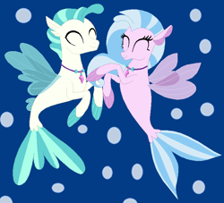 Size: 724x658 | Tagged: safe, artist:jadeharmony, derpibooru import, silverstream, terramar, seapony (g4), blue background, blue mane, brother and sister, bubble, clothes, dorsal fin, eyes closed, female, fin wings, fins, fish tail, flowing mane, flowing tail, jewelry, looking at each other, male, necklace, seapony silverstream, see-through, siblings, simple background, smiling, smiling at each other, tail, underwater, water, wings