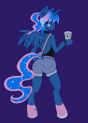 Size: 705x978 | Tagged: safe, artist:fajeh, derpibooru import, princess luna, alicorn, semi-anthro, alternate hairstyle, backless, blue background, clothes, coffee, coffee cup, converse, cup, dark background, female, halter top, hoof hold, looking at you, looking back, looking back at you, looking over shoulder, mare, ponytail, rear view, shoes, shorts, shoulder fluff, simple background, smiling, smiling at you, sneakers