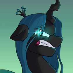Size: 1080x1080 | Tagged: safe, artist:beefgummies, derpibooru import, queen chrysalis, changeling, changeling queen, canterlot wedding 10th anniversary, angry, ears back, female, glowing, glowing eyes, gradient background, gritted teeth, jewelry, looking at you, profile, regalia, sharp teeth, solo, teeth