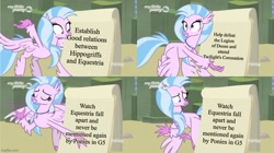 Size: 888x499 | Tagged: safe, derpibooru import, edit, silverstream, hippogriff, g5 collapse of equestria, gru's plan, meme, op is a cuck, op is trying to start shit, op is trying to start shit so badly that it's kinda funny, solo, text edit
