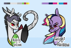 Size: 2144x1453 | Tagged: safe, artist:ryrxian, derpibooru import, oc, oc only, draconequus, hybrid, pony, unicorn, bust, draconequus oc, duo, eye scar, eyelashes, female, horn, interspecies offspring, magical lesbian spawn, mare, offspring, parent:discord, parent:rainbow dash, parent:rarity, parent:twilight sparkle, parents:raricord, parents:twidash, scar, smiling, unicorn oc