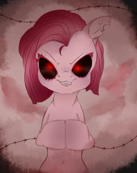 Size: 1012x1280 | Tagged: safe, artist:jasuu-nyan, derpibooru import, pinkie pie, earth pony, pony, black sclera, bust, evil grin, female, glowing, glowing eyes, grin, mare, pinkamena diane pie, smiling, solo