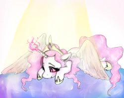 Size: 1280x1012 | Tagged: safe, artist:jasuu-nyan, derpibooru import, princess celestia, alicorn, pony, female, glowing, glowing horn, hoof shoes, horn, lying down, magic, mare, pink-mane celestia, prone, smiling, solo, young celestia