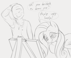 Size: 1011x835 | Tagged: safe, artist:dotkwa, derpibooru import, fluttershy, oc, oc:anon, human, pegasus, pony, blushing, dialogue, duo, female, fluttershy day, gray background, grayscale, male, mare, monochrome, simple background, sketch, speech bubble
