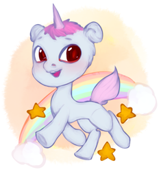 Size: 915x972 | Tagged: safe, artist:jasuu-nyan, derpibooru import, oc, oc only, pony, unicorn, blushing, female, horn, mare, rainbow, smiling, solo, stars, unicorn oc