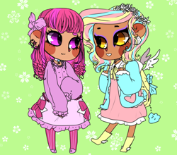 Size: 1166x1024 | Tagged: safe, artist:jasuu-nyan, derpibooru import, oc, oc only, human, boots, bow, clothes, duo, ear piercing, green background, hair bow, humanized, makeup, piercing, shoes, simple background, winged humanization, wings