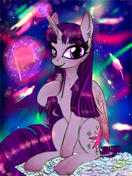 Size: 768x1024 | Tagged: safe, artist:jasuu-nyan, derpibooru import, twilight sparkle, twilight sparkle (alicorn), alicorn, pony, chest fluff, ear fluff, ears, female, hoof on chest, lesbian pride flag, looking at you, mare, pride, pride flag, sitting, smiling, smiling at you, solo, space, stars