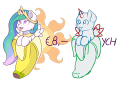 Size: 6154x4183 | Tagged: safe, artist:backgroundpony#f352, derpibooru import, princess celestia, alicorn, pegasus, pony, banana, commission, crown, cute, cutie mark, example, eyes open, female, food, fruit, horn, jewelry, male, mare, open mouth, regalia, simple background, solo, transparent background, wings, ych example, your character here