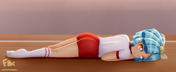 Size: 3425x1417 | Tagged: safe, artist:focusb, cozy glow, human, clothes, humanized, lying down, lying on the ground, socks, solo