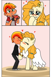 Size: 730x1095 | Tagged: safe, artist:smog, bright mac, pear butter, human, pony, blushing, clothes, comic, dress, engagement ring, female, heart, humanized, interspecies, jewelry, male, marriage, ring, straight, wedding, wedding dress