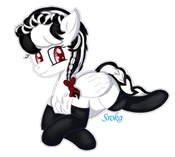 Size: 590x529 | Tagged: safe, artist:sroka001, oc, oc only, pegasus, pony, braid, chest fluff, happy, lying down, prone, simple background, smiling, socks, solo, thigh highs, transparent background, white outline