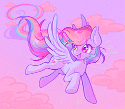 Size: 1188x1039 | Tagged: safe, artist:dreamysuite, derpibooru import, rainbow dash, pegasus, pony, cloud, cute, dashabetes, female, flying, mare, signature, sky, smiling, solo