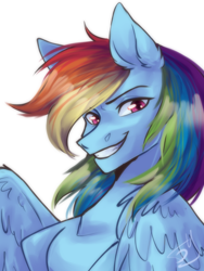 Size: 1200x1600 | Tagged: safe, artist:bulkaaoga, derpibooru import, rainbow dash, pegasus, pony, bust, female, grin, mare, portrait, signature, simple background, smiling, solo, white background