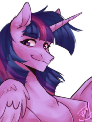 Size: 1200x1600 | Tagged: safe, artist:bulkaaoga, derpibooru import, twilight sparkle, twilight sparkle (alicorn), alicorn, pony, bust, female, mare, portrait, signature, simple background, smiling, solo, white background