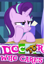 Size: 892x1274 | Tagged: safe, derpibooru import, editor:horsesplease, starlight glimmer, caption, doctor who, expand dong, exploitable meme, image macro, meme, time travel glimmer, unimpressed, upset, who cares