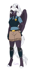 Size: 1800x3800 | Tagged: safe, artist:tertonda, oc, oc only, oc:cinder bolt, anthro, pegasus, unguligrade anthro, badge, clothes, commission, digital art, female, fingerless gloves, gift art, gloves, horn, knee pads, mare, necktie, pegasus oc, police, police badge, police officer, police uniform, scar, shorts, simple background, smiling, solo, tail, transparent background, vest