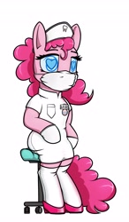 Size: 2389x4096 | Tagged: safe, artist:dacaoo, derpibooru import, pinkie pie, earth pony, pony, alternate universe, bipedal, brainwashed, brainwashing, chair, clothes, cutie mark on clothes, dentist, dentist fetish, doctor, dress, ear piercing, earring, eyeshadow, gloves, hat, heart eyes, high heels, horn, hypnosis, hypnotized, jewelry, latex, latex clothes, latex dress, latex gloves, latex socks, latex stockings, leaning, makeup, mask, name tag, nurse hat, piercing, shoes, simple background, sitting, socks, solo, stockings, stool, surgical mask, swirly eyes, thigh highs, tooth, uniform, white background, wingding eyes