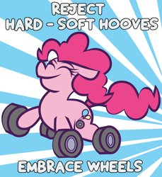 Size: 4216x4608 | Tagged: safe, artist:threetwotwo32232, derpibooru import, pinkie pie, earth pony, original species, eyes closed, female, happy, hooves debate, mare, smiling, solo, wheel, wheelpone