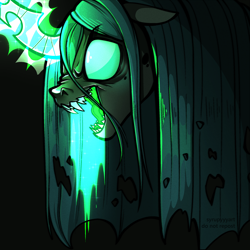 Size: 2494x2494 | Tagged: safe, artist:syrupyyy, derpibooru import, queen chrysalis, changeling, changeling queen, album cover, commission, fangs, female, glowing, glowing eyes, glowing horn, high res, horn, magic, open mouth, solo