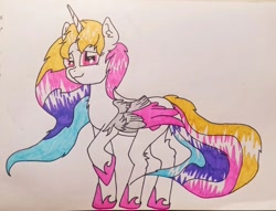 Size: 1280x978 | Tagged: safe, artist:arroblance, derpibooru import, oc, oc only, oc:rainbowwing, alicorn, pony, alicorn oc, female, folded wings, hoof shoes, horn, looking at you, multicolored hair, multicolored mane, multicolored tail, raised hoof, raised leg, simple background, solo, tail, traditional art, white background, wings