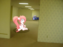 Size: 1180x885 | Tagged: safe, artist:princessmoonsilver, derpibooru import, oc, oc only, oc:fire lynk, oc:krystel, pegasus, pony, unicorn, among us, backrooms, base used, clothes, crewmate, duo, room, scarf, the backrooms