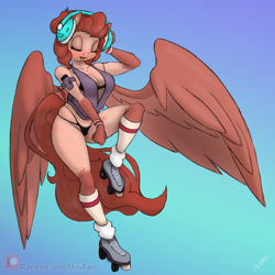 Size: 1200x1200 | Tagged: safe, artist:miniferu, derpibooru import, oc, oc only, oc:amari, anthro, pegasus, absolute cleavage, bra, breasts, cleavage, clothes, eyes closed, female, headphones, panties, roller skates, solo, thong, underwear