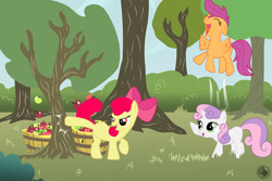 Size: 1000x667 | Tagged: safe, artist:cheetagonzita, derpibooru import, apple bloom, scootaloo, sweetie belle, earth pony, pegasus, pony, unicorn, 2013, applebucking, cutie mark crusaders, female, filly, foal