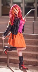 Size: 760x1417 | Tagged: safe, artist:lochlan o'neil, derpibooru import, edit, sunset shimmer, human, equestria girls, artificial intelligence, clothes, cosplay, costume, humanized, irl, irl human, live action, photo, redhead