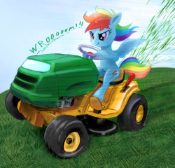 Size: 1950x1873 | Tagged: source needed, safe, artist:bananax, derpibooru import, rainbow dash, pegasus, pony, driving, female, grass, lawn mower, mare, solo