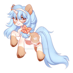 Size: 1024x1024 | Tagged: safe, artist:miioko, derpibooru import, oc, oc only, pony, unicorn, bow, deviantart watermark, female, hair bow, horn, mare, obtrusive watermark, simple background, smiling, solo, unicorn oc, unshorn fetlocks, watermark, white background