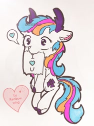 Size: 960x1280 | Tagged: safe, artist:rainbowwing, derpibooru import, oc, oc only, oc:bamboo rain, deer, deer pony, original species, pony, deer oc, ear fluff, ears, ears back, i <3 u, multicolored hair, multicolored mane, multicolored tail, note, simple background, sitting, solo, tail, traditional art, underhoof, white background