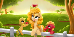 Size: 2971x1500 | Tagged: safe, artist:darksly, derpibooru import, apple bloom, applejack, big macintosh, pear butter, earth pony, pony, adorabloom, apple, apple siblings, apple sisters, baby, baby apple bloom, best mom ever, brother and sister, colt, colt big macintosh, crossed hooves, cute, family, female, fence, filly, filly applejack, foal, food, grass, jackabetes, macabetes, male, mare, mother and child, mother and daughter, mother and son, mother's day, mouth hold, open mouth, open smile, orchard, parent and child, pear, pearabetes, pony hat, siblings, sisters, smiling, tree, younger
