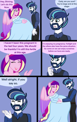 Size: 2400x3800 | Tagged: safe, alternate version, artist:chelseawest, derpibooru import, princess cadance, shining armor, equestria girls, bedroom eyes, belly, big belly, blushing, clothes, comic, concerned, couple, cute, dress, eye contact, facial hair, female, grey hair, hand on belly, huge belly, husband and wife, hyper, hyper belly, hyper pregnancy, impossibly large belly, kicking, looking at each other, looking at someone, male, married couple, married couples doing married things, multiple pregnancy, older, ponied up, pregdance, pregnant, pregnant equestria girls, remake, shiningcadance, shipping, sigh, signature, speech, speech bubble, straight, talking, worried