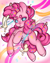 Size: 1531x1919 | Tagged: safe, artist:kapello, derpibooru import, pinkie pie, earth pony, pony, candy, candy cane, cherry, chest fluff, food, frosting, lollipop, looking at you, mouth hold, solo