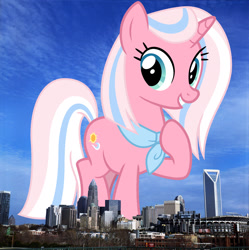 Size: 1964x1973 | Tagged: safe, artist:cheezedoodle96, artist:thegiantponyfan, derpibooru import, edit, clear sky, pony, unicorn, charlotte, female, giant pony, giant unicorn, giantess, grin, highrise ponies, hoof on chest, irl, looking at you, macro, mare, mega giant, neckerchief, north carolina, photo, ponies in real life, smiling, solo