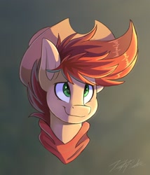 Size: 1754x2048 | Tagged: safe, artist:kaylerustone, derpibooru import, oc, oc only, oc:kayle rustone, bust, clothes, cowboy hat, hat, looking up, male, simple background, smiling, stallion