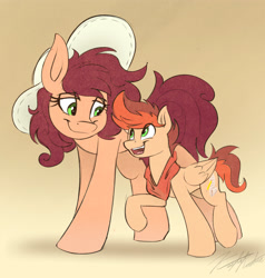 Size: 3800x4000 | Tagged: safe, artist:kaylerustone, derpibooru import, oc, oc only, oc:amber rustone, oc:kayle rustone, earth pony, pegasus, clothes, colt, cowboy hat, female, foal, hat, looking at each other, looking at someone, looking up, male, mare, mother and child, mother and son, mother's day, parent and child, simple background, smiling, stallion