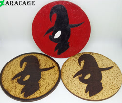 Size: 3500x2950 | Tagged: safe, artist:aracage, derpibooru import, trixie, coaster, craft, emblem, irl, no pony, photo, pyrography, traditional art, woodwork