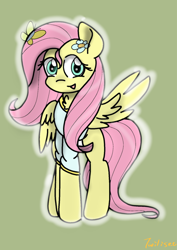 Size: 1122x1588 | Tagged: safe, artist:twiliset, derpibooru import, fluttershy, butterfly, pegasus, pony, clothes, cute, flower, looking at you, simple background, smiling, smiling at you, spread wings, wings